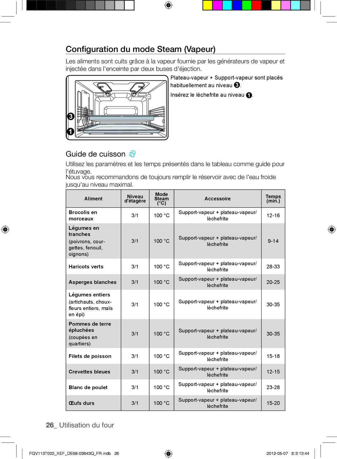 Samsung FQV113T002/XEF manual Configuration du mode Steam Vapeur, Guide de cuisson 