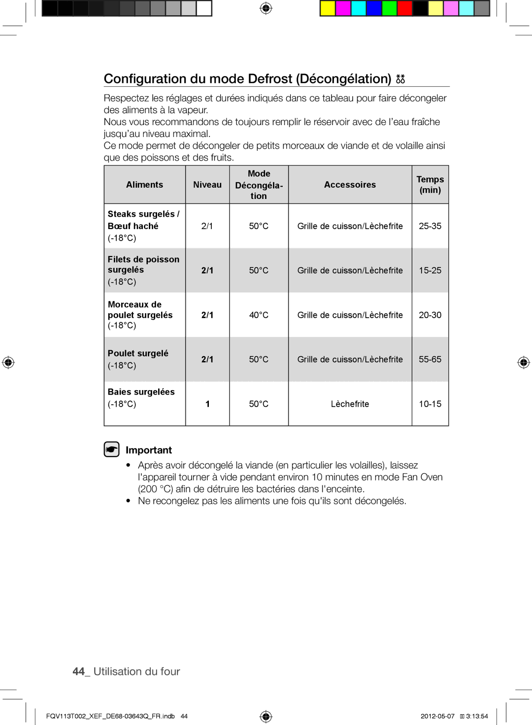 Samsung FQV113T002/XEF manual Configuration du mode Defrost Décongélation 