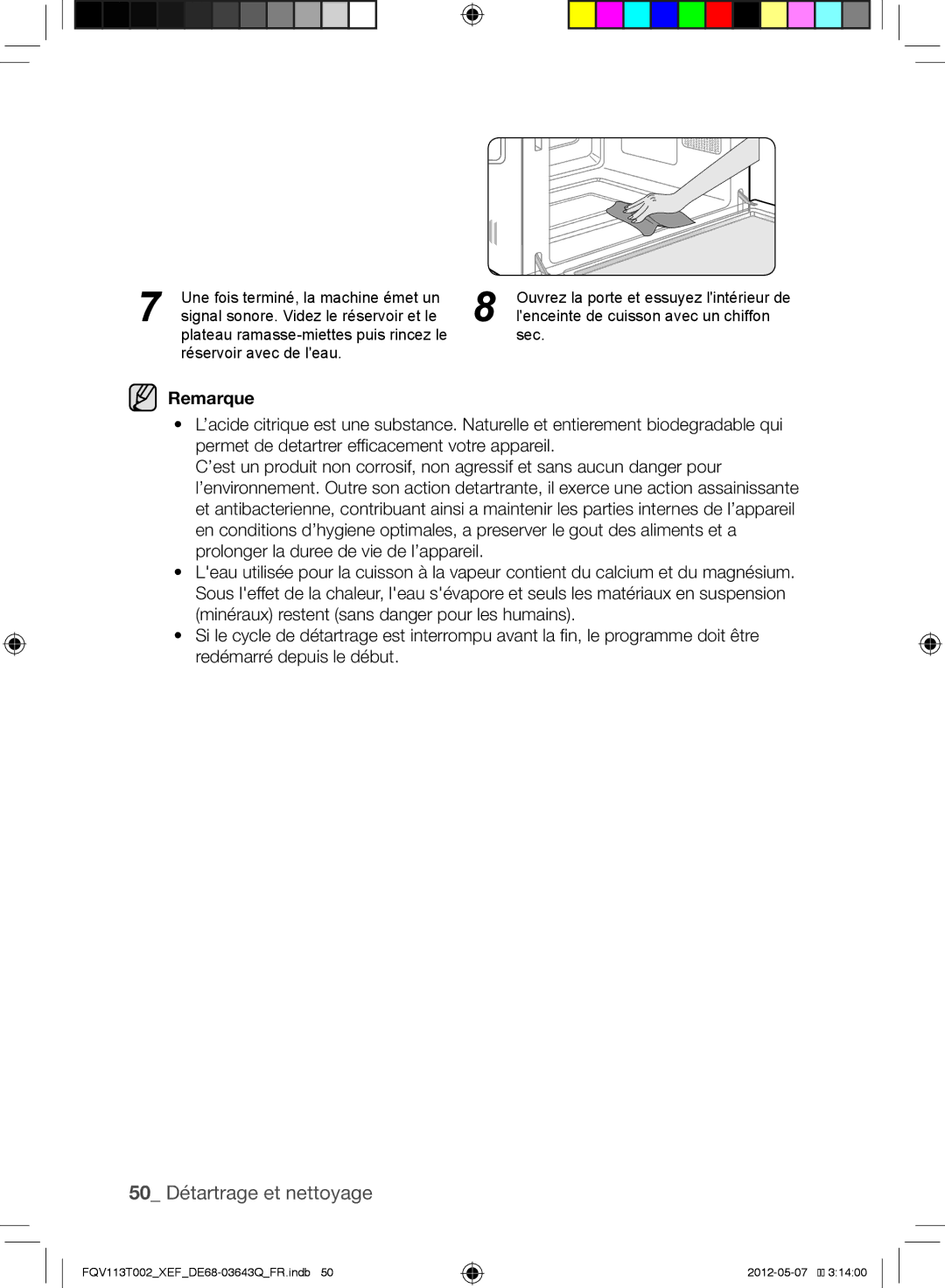 Samsung FQV113T002/XEF manual 50 Détartrage et nettoyage, Remarque 