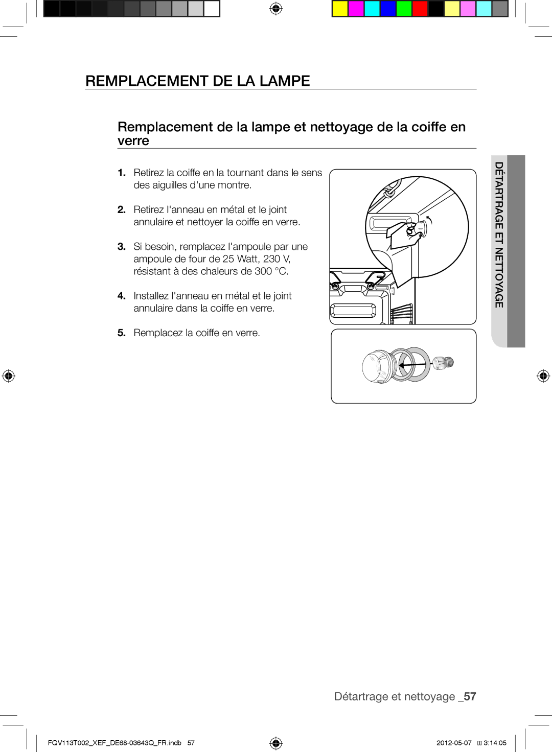 Samsung FQV113T002/XEF manual Remplacement de la lampe et nettoyage de la coiffe en verre 