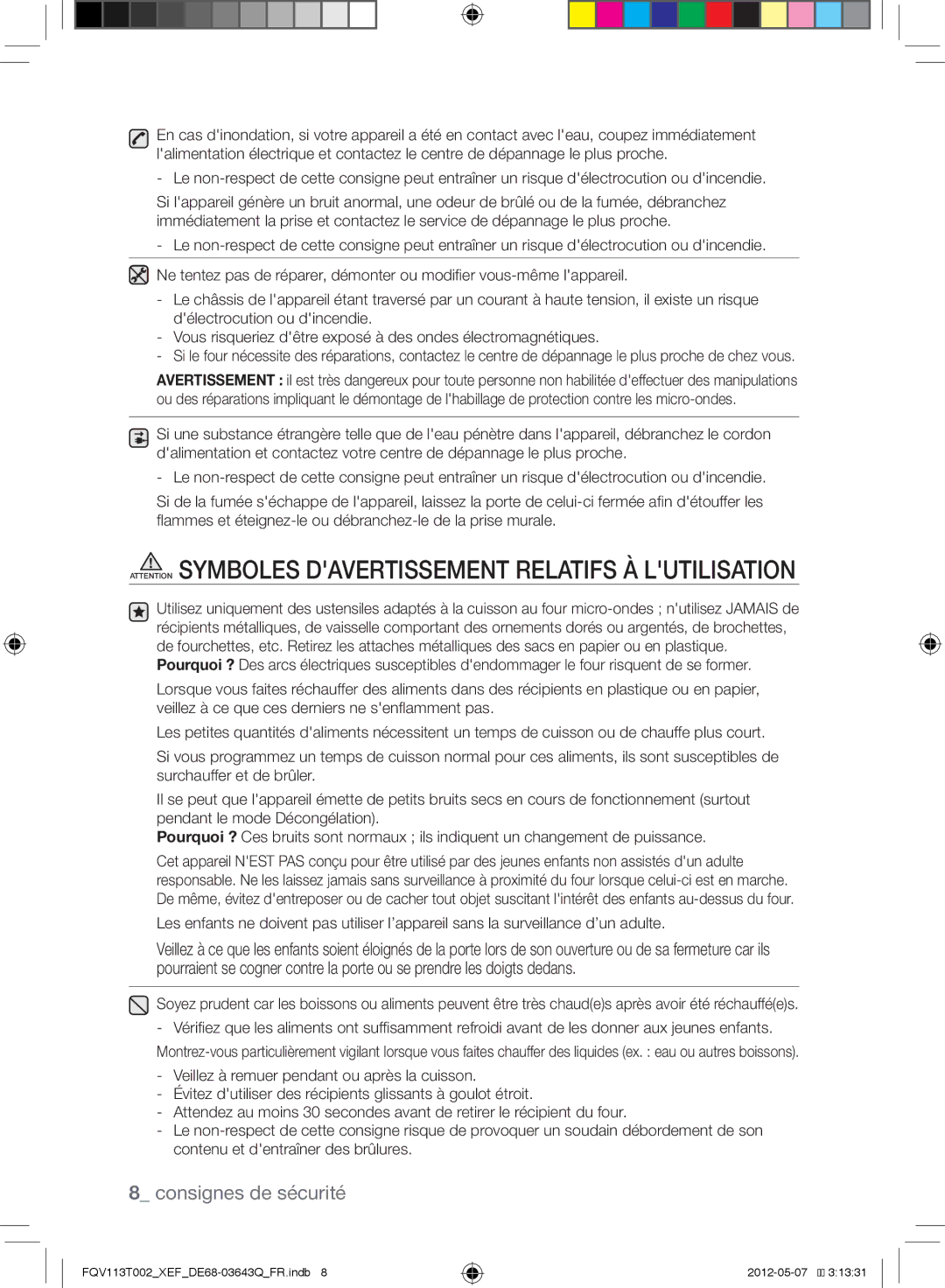 Samsung FQV113T002/XEF manual Consignes de sécurité 