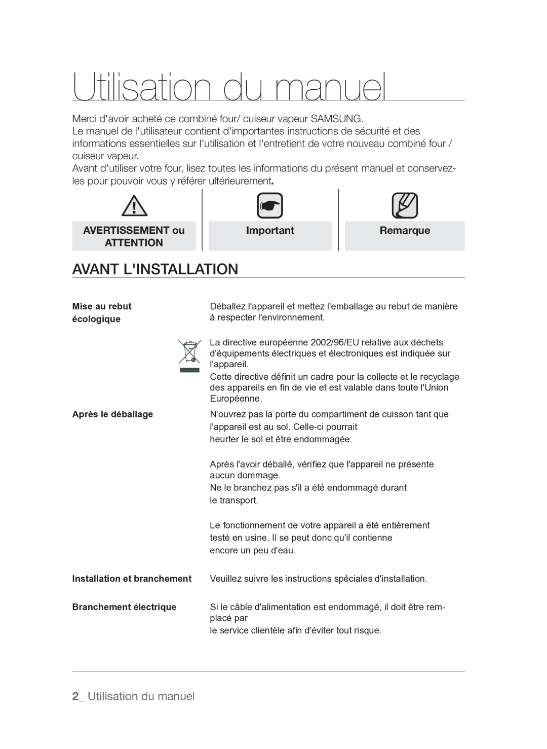 Samsung FQV137ST/XEF manual Utilisation du manuel, Avant linstallation, Après le déballage, Installation et branchement 