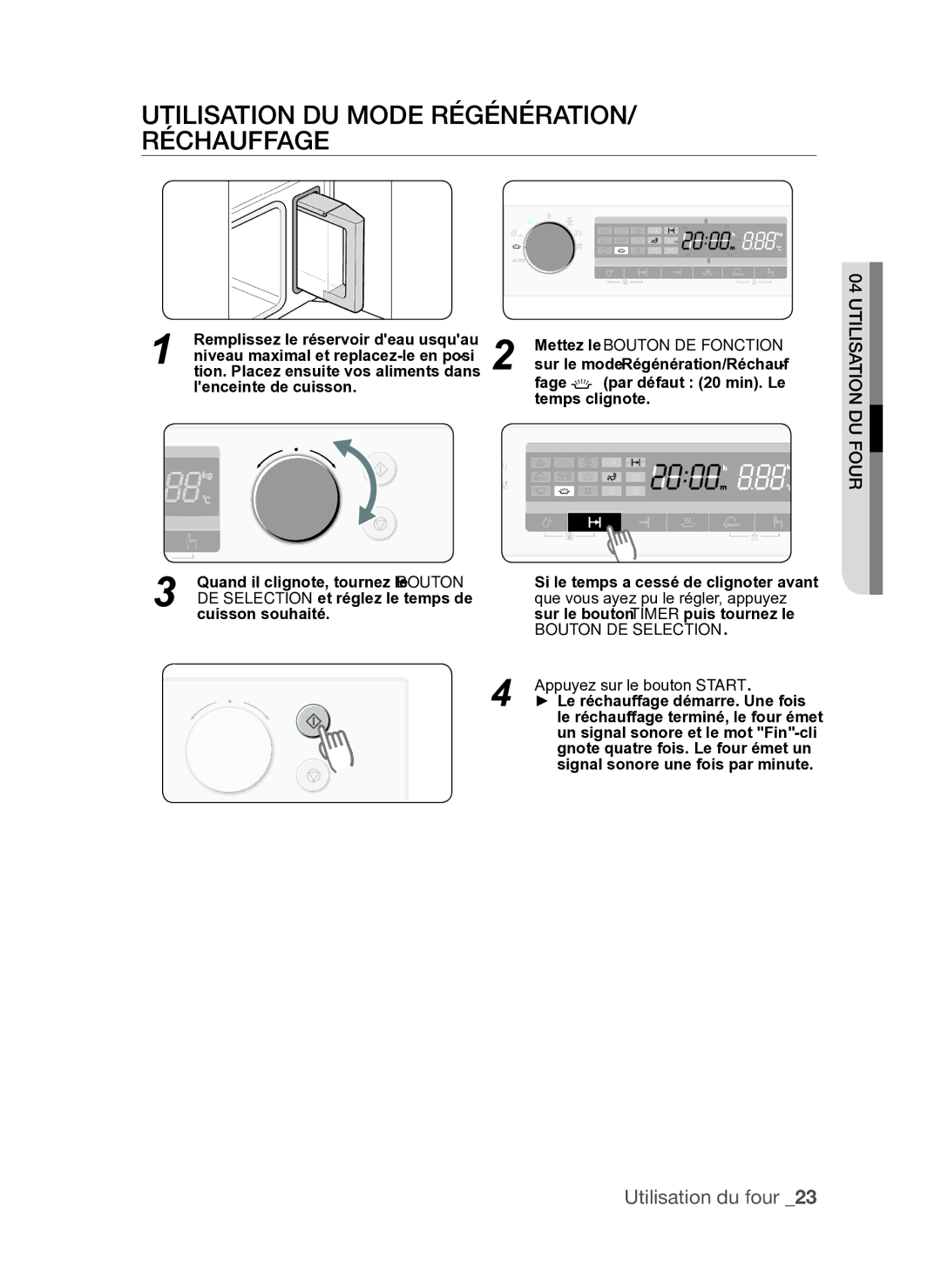 Samsung FQV137ST/XEF manual Utilisation du mode Régénération/ Réchauffage, Bouton DE Selection 