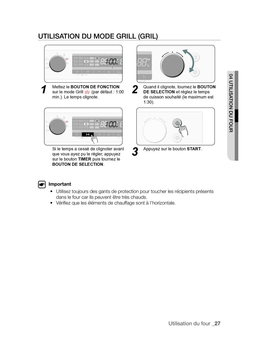 Samsung FQV137ST/XEF manual Utilisation du mode Grill Gril, Mettez le Bouton DE Fonction 