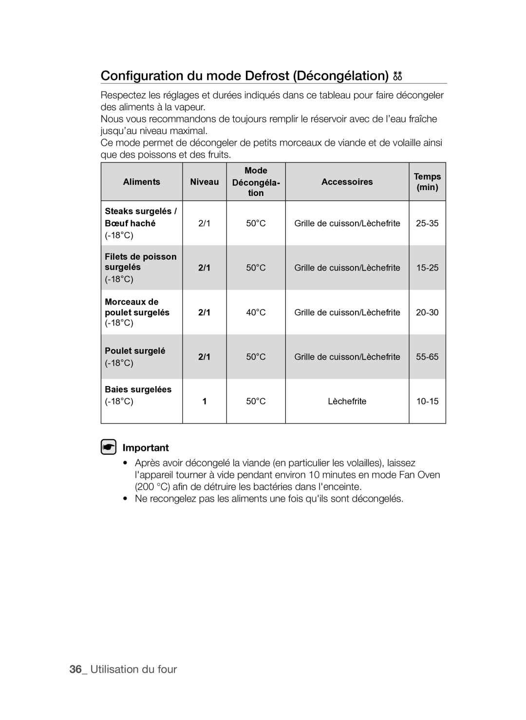 Samsung FQV137ST/XEF manual Configuration du mode Defrost Décongélation 