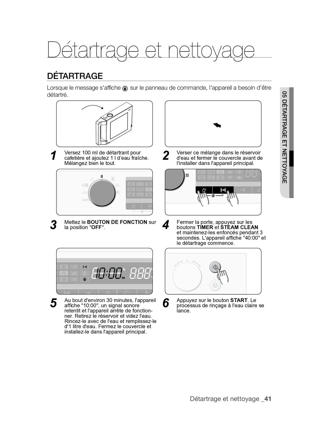 Samsung FQV137ST/XEF manual Détartrage et nettoyage, Boutons Timer et Steam Clean 