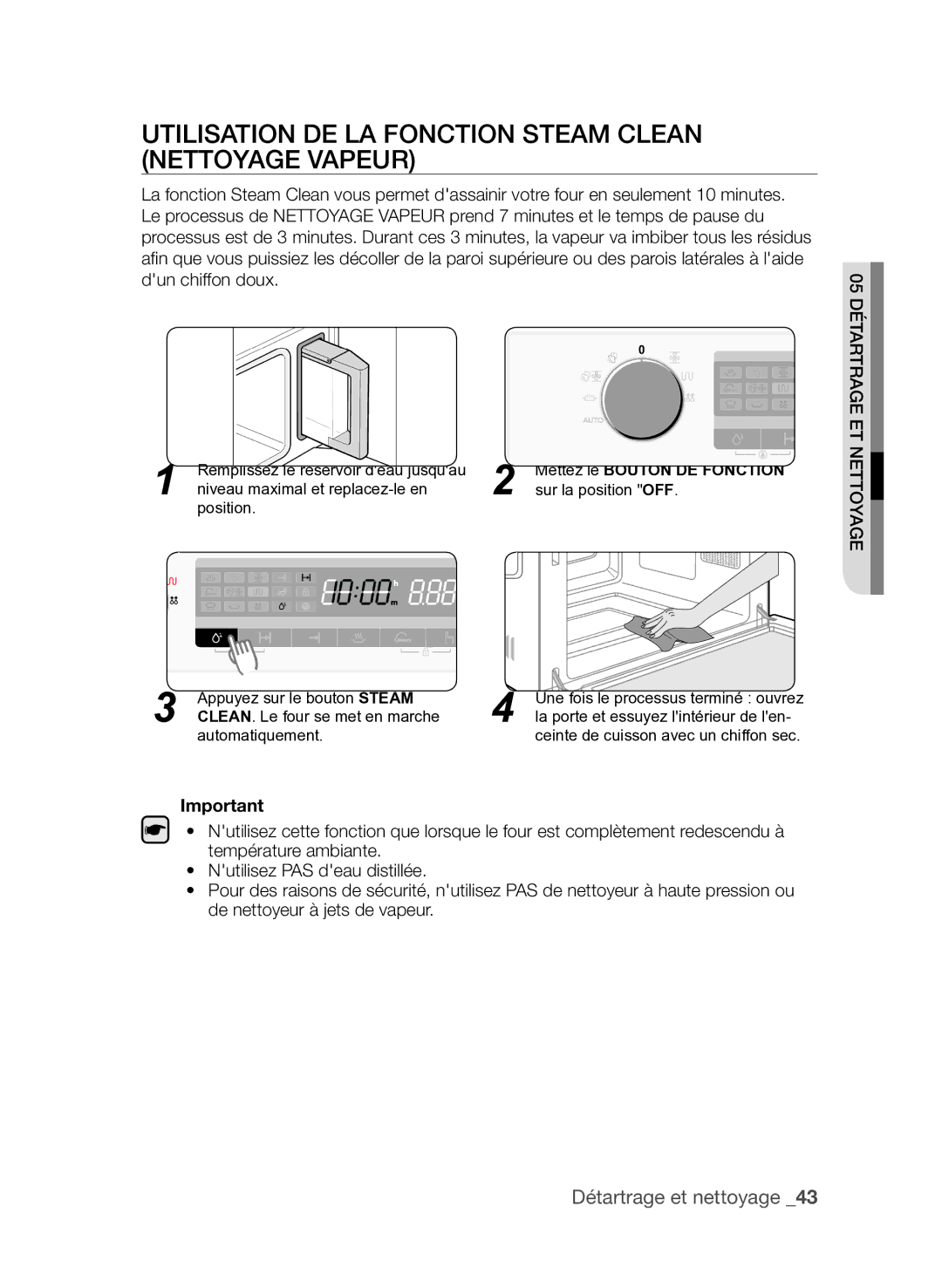 Samsung FQV137ST/XEF manual Utilisation de la fonction Steam Clean Nettoyage vapeur, Appuyez sur le bouton Steam 