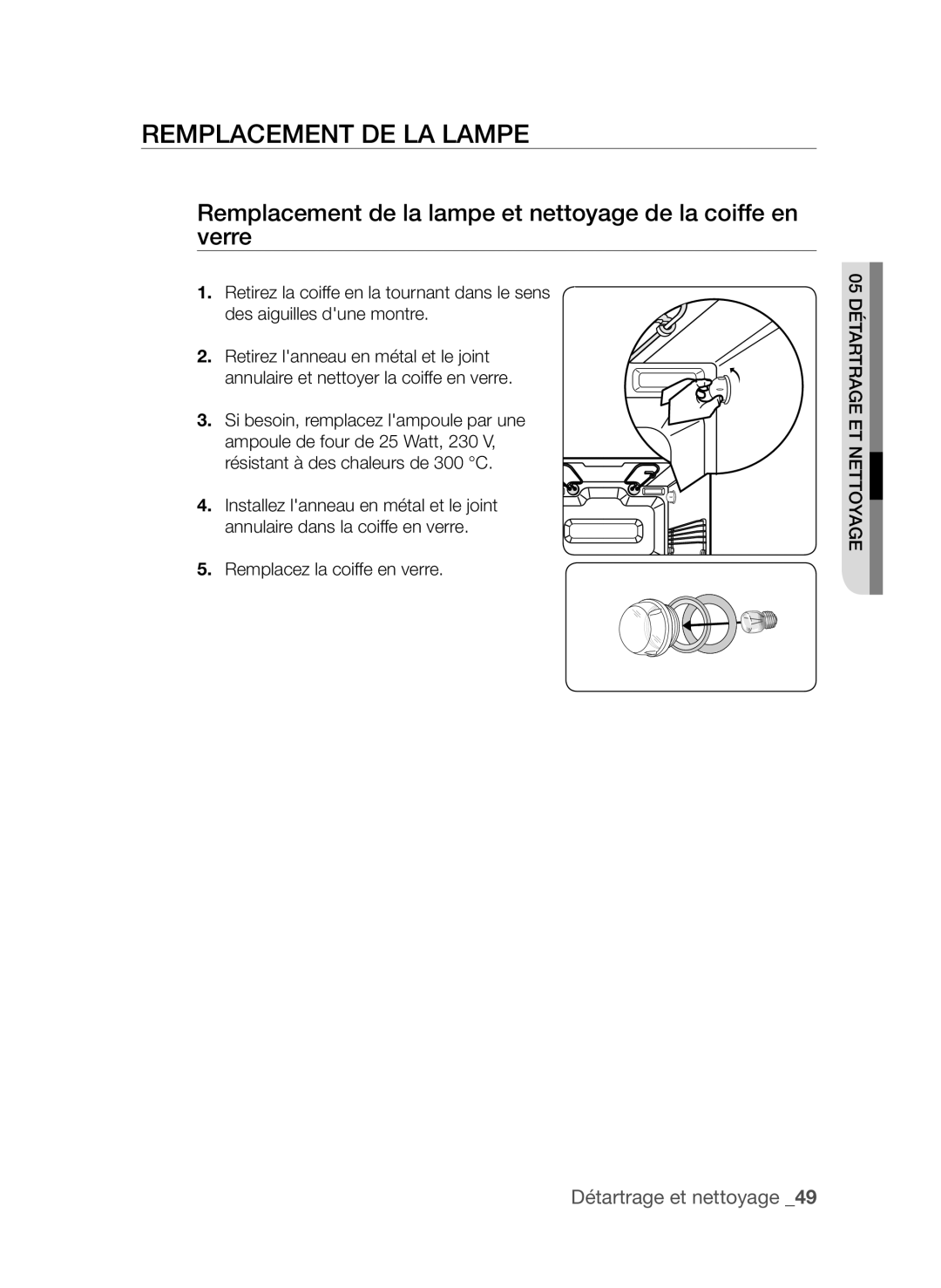 Samsung FQV137ST/XEF manual Remplacement de la lampe et nettoyage de la coiffe en verre 