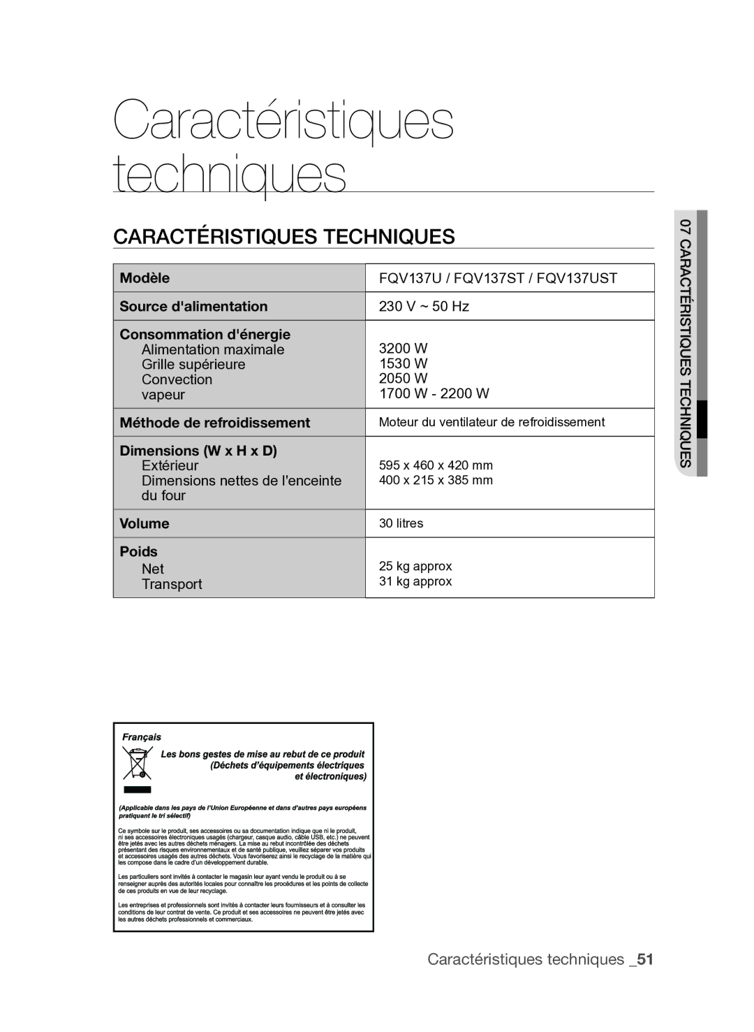 Samsung FQV137ST/XEF manual Caractéristiques techniques 