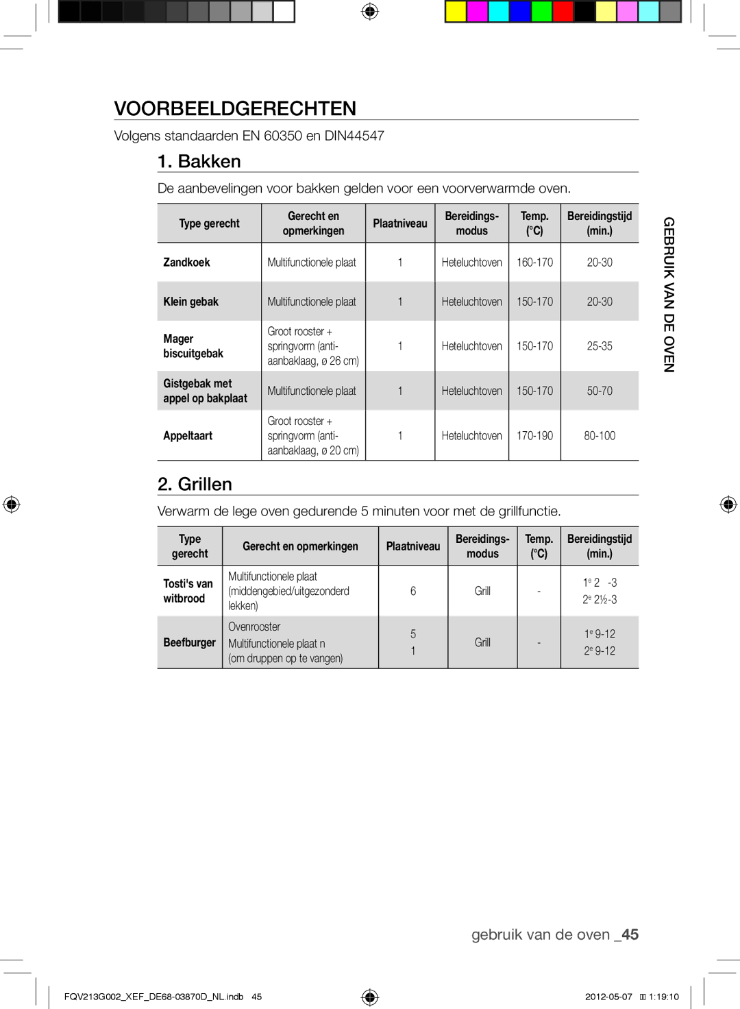 Samsung FQV213G002/XEF manual Voorbeeldgerechten, Bakken, Grillen, Volgens standaarden EN 60350 en DIN44547 