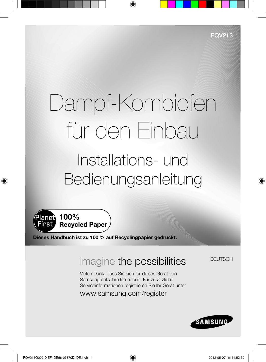 Samsung FQV213G002/XEF manual Dampf-Kombiofen Für den Einbau, Dieses Handbuch ist zu 100 % auf Recyclingpapier gedruckt 