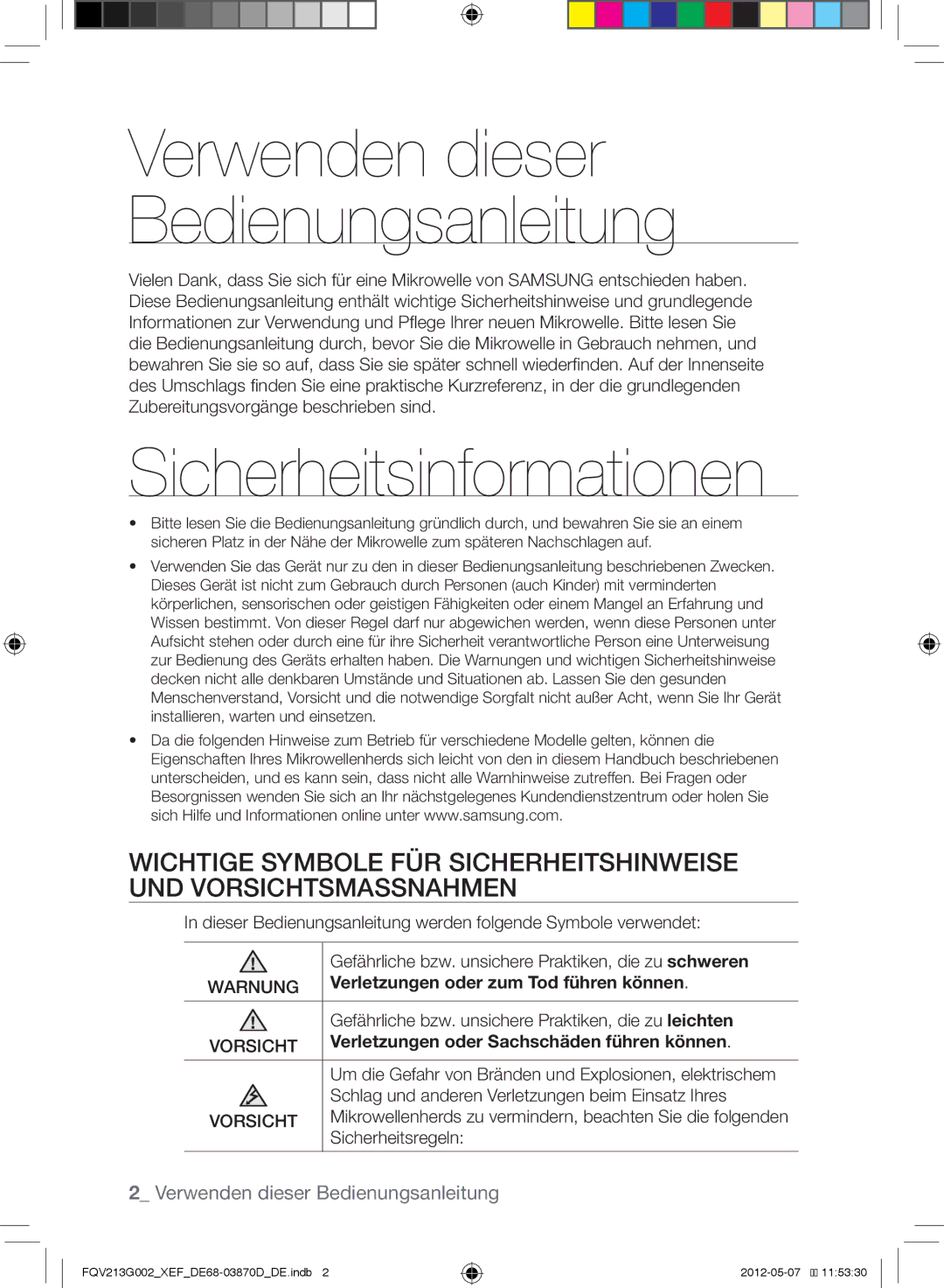 Samsung FQV213G002/XEF manual Sicherheitsinformationen, Verwenden dieser Bedienungsanleitung 