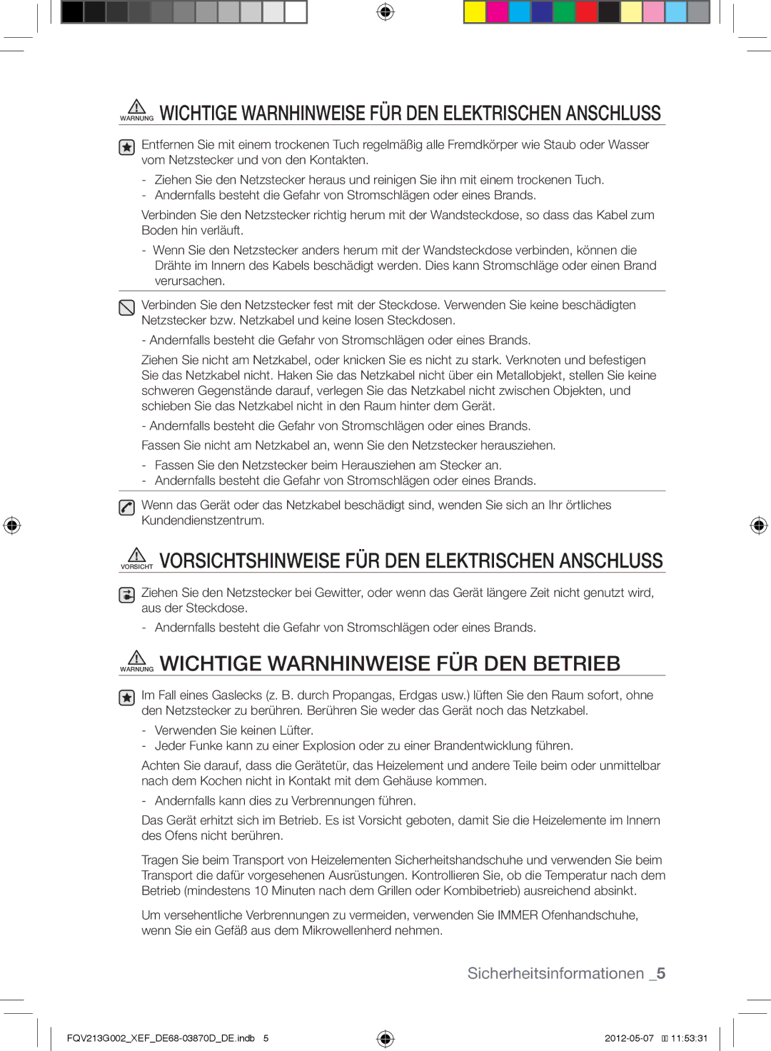 Samsung FQV213G002/XEF manual Vorsicht Vorsichtshinweise für den elektrischen Anschluss 