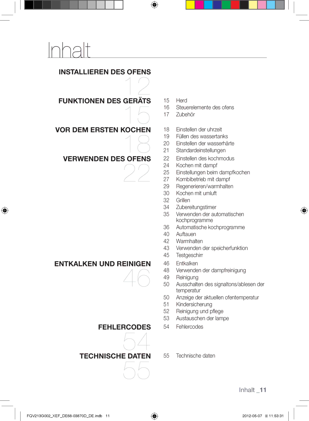 Samsung FQV213G002/XEF Inhalt, Herd Steuerelemente des ofens Zubehör, Entkalken Verwenden der dampfreinigung Reinigung 