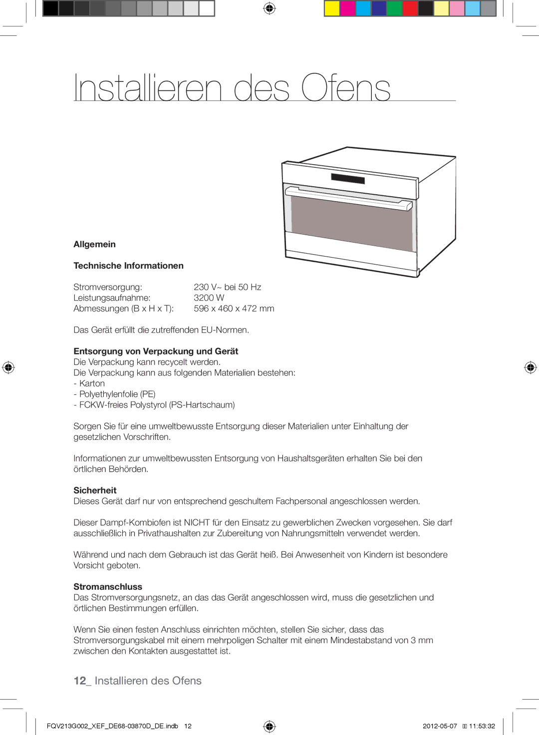 Samsung FQV213G002/XEF manual Installieren des Ofens 