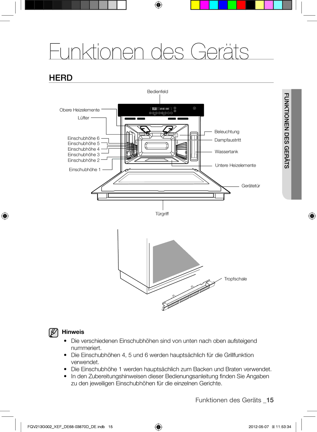 Samsung FQV213G002/XEF manual Funktionen des Geräts, Herd, Hinweis 