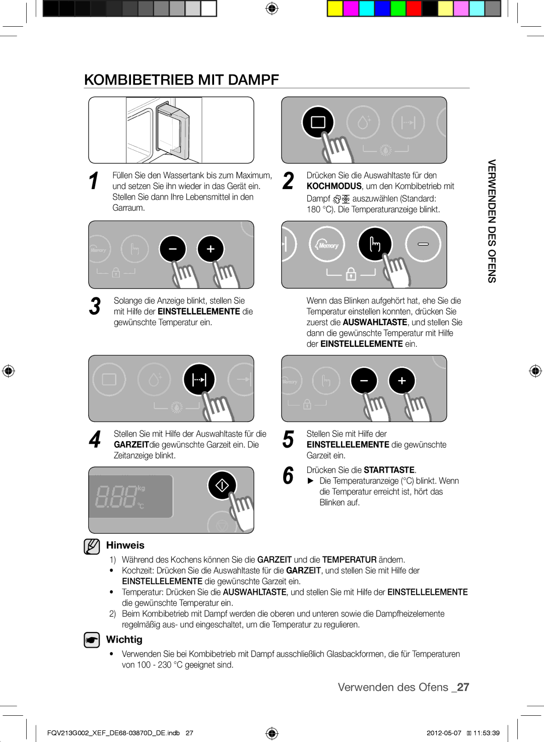 Samsung FQV213G002/XEF manual Kombibetrieb mit Dampf, EnOfs, WendenVerde, Wichtig 