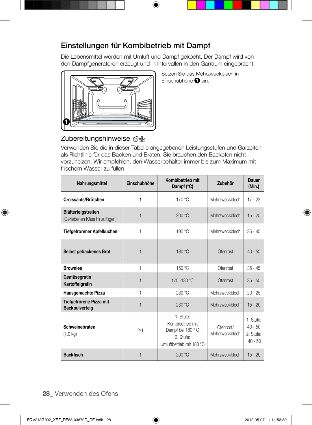 Samsung FQV213G002/XEF manual Einstellungen für Kombibetrieb mit Dampf 