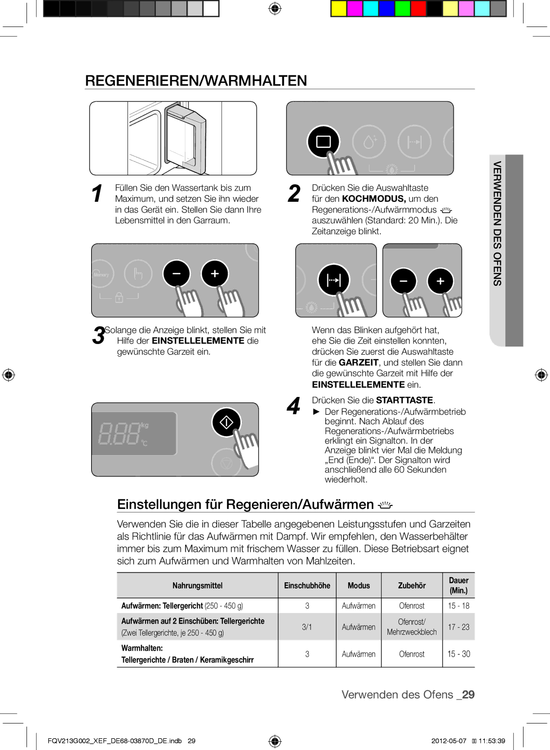 Samsung FQV213G002/XEF manual Regenerieren/Warmhalten, Einstellungen für Regenieren/Aufwärmen 