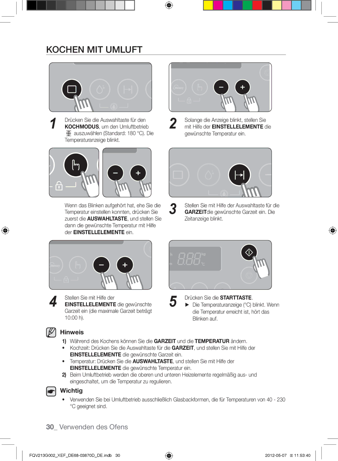 Samsung FQV213G002/XEF manual Kochen mit Umluft, Der Einstellelemente ein 