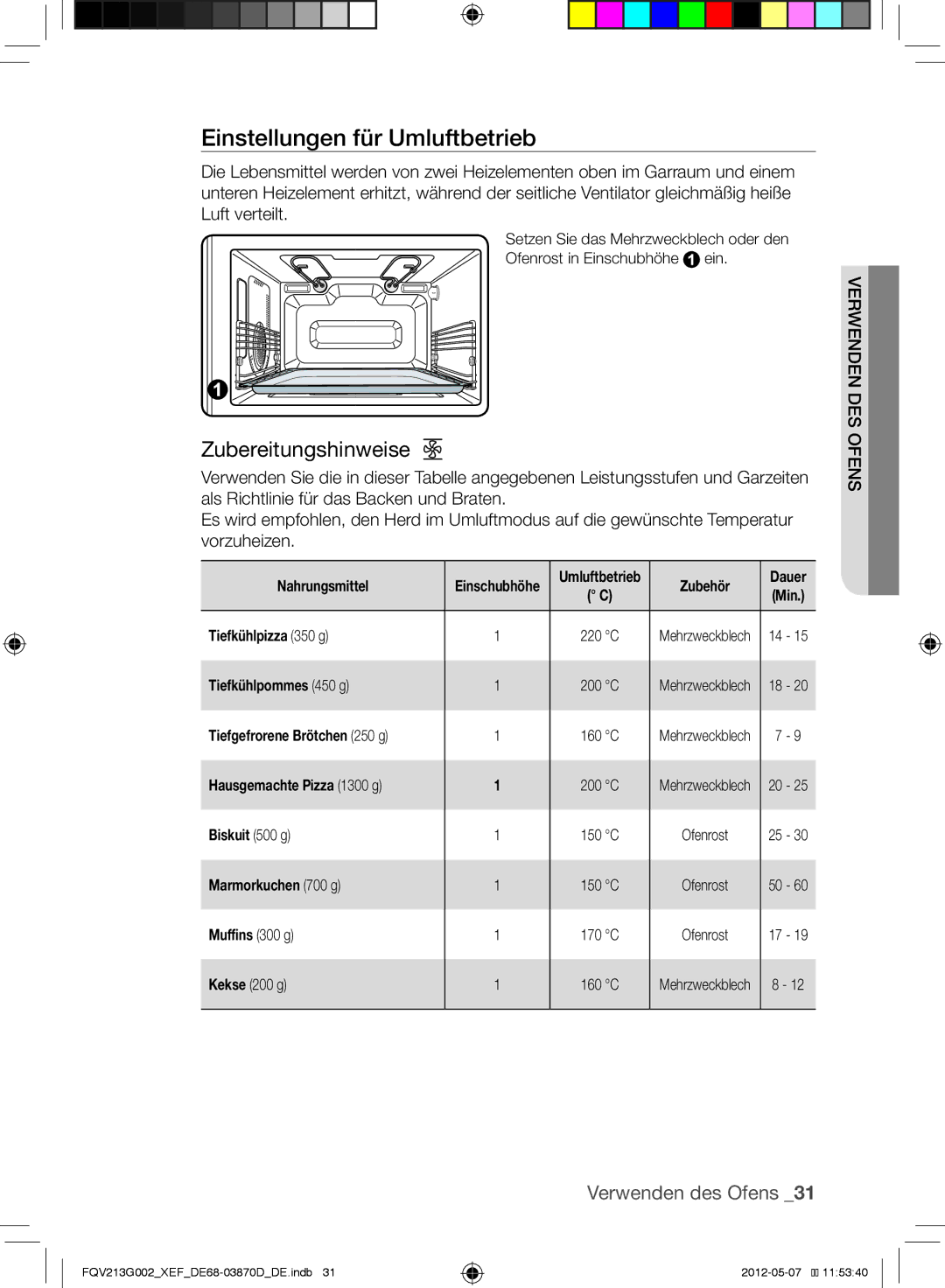 Samsung FQV213G002/XEF manual Einstellungen für Umluftbetrieb 