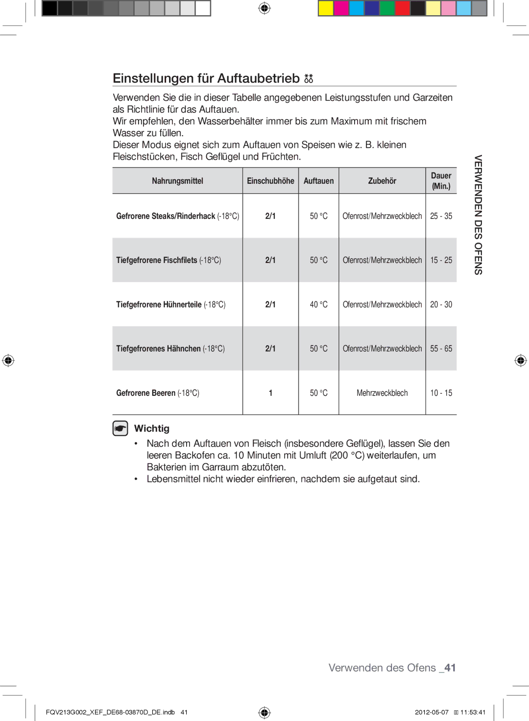 Samsung FQV213G002/XEF manual Einstellungen für Auftaubetrieb, Gefrorene Beeren -18C 