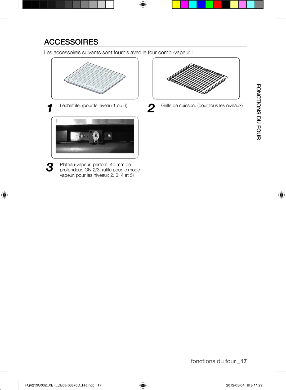 Samsung FQV213G002/XEF manual Accessoires, Lèchefrite. pour le niveau 1 ou, Plateau-vapeur, perforé, 40 mm de 