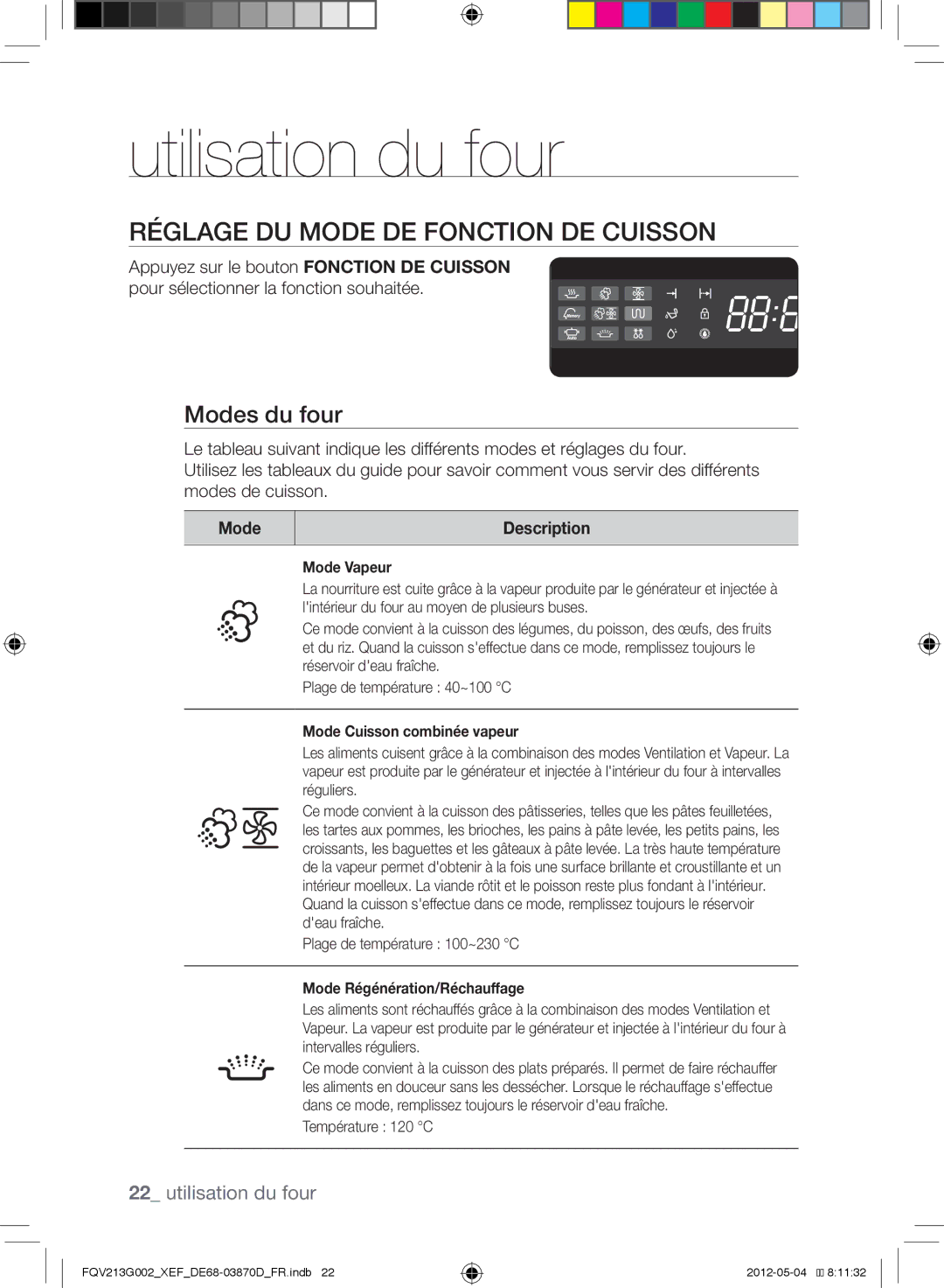 Samsung FQV213G002/XEF manual Utilisation du four, Réglage du mode de fonction de cuisson, Modes du four, Mode Description 