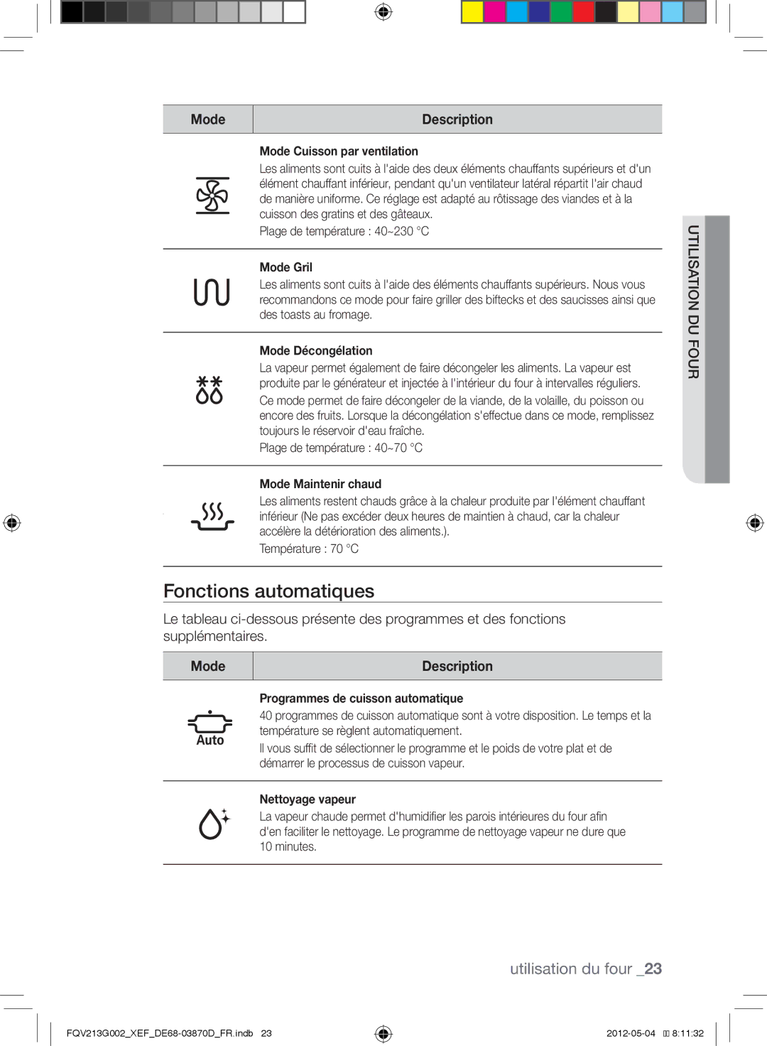 Samsung FQV213G002/XEF manual Fonctions automatiques, Four sation Utilidu 