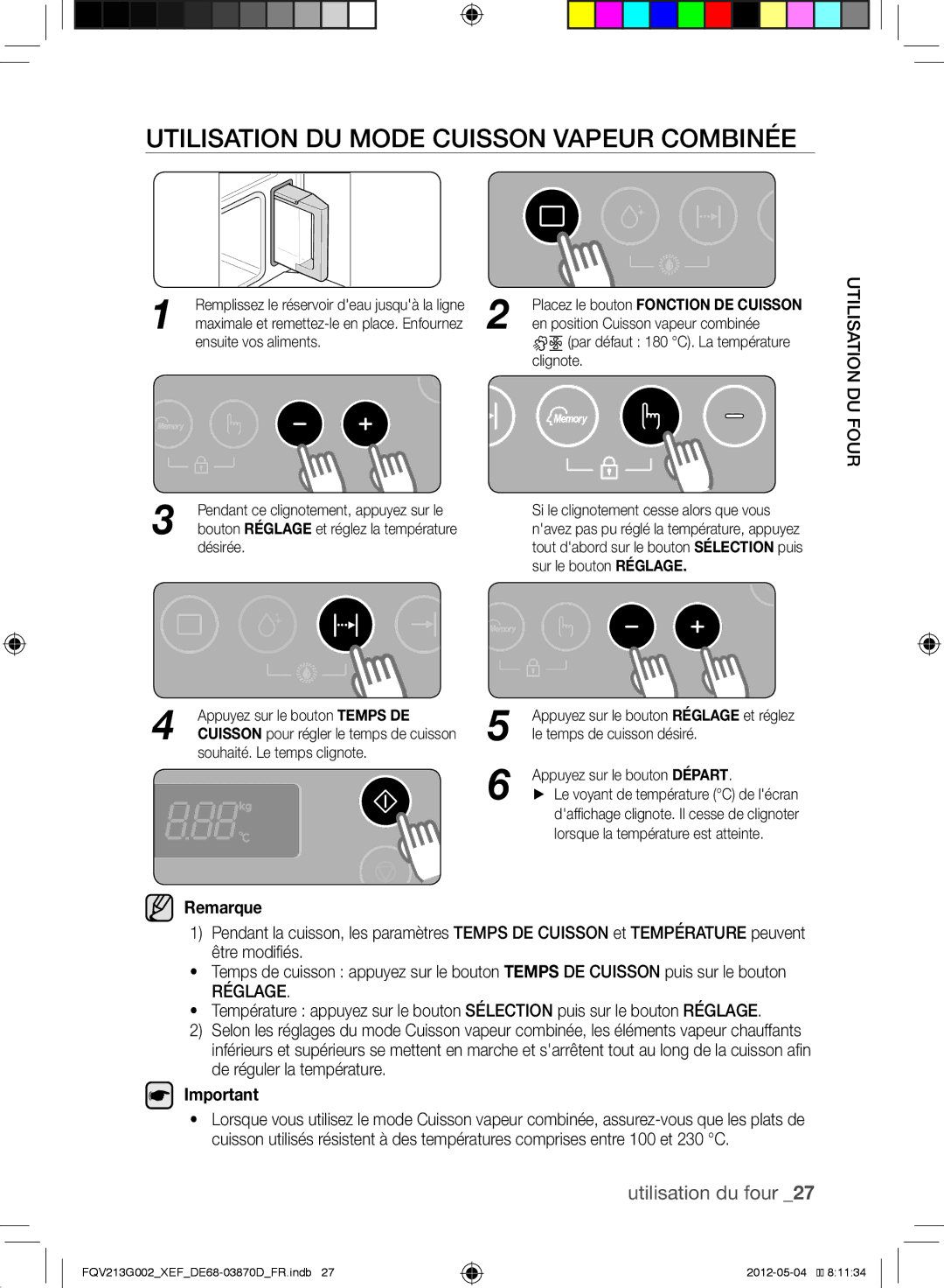 Samsung FQV213G002/XEF manual Utilisation du mode Cuisson vapeur combinée, Four, Sation Utilidu 