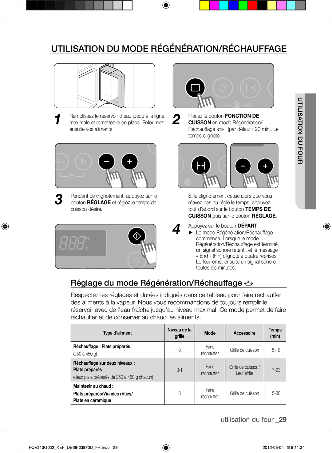 Samsung FQV213G002/XEF manual Utilisation du mode Régénération/Réchauffage, Réglage du mode Régénération/Réchauffage 