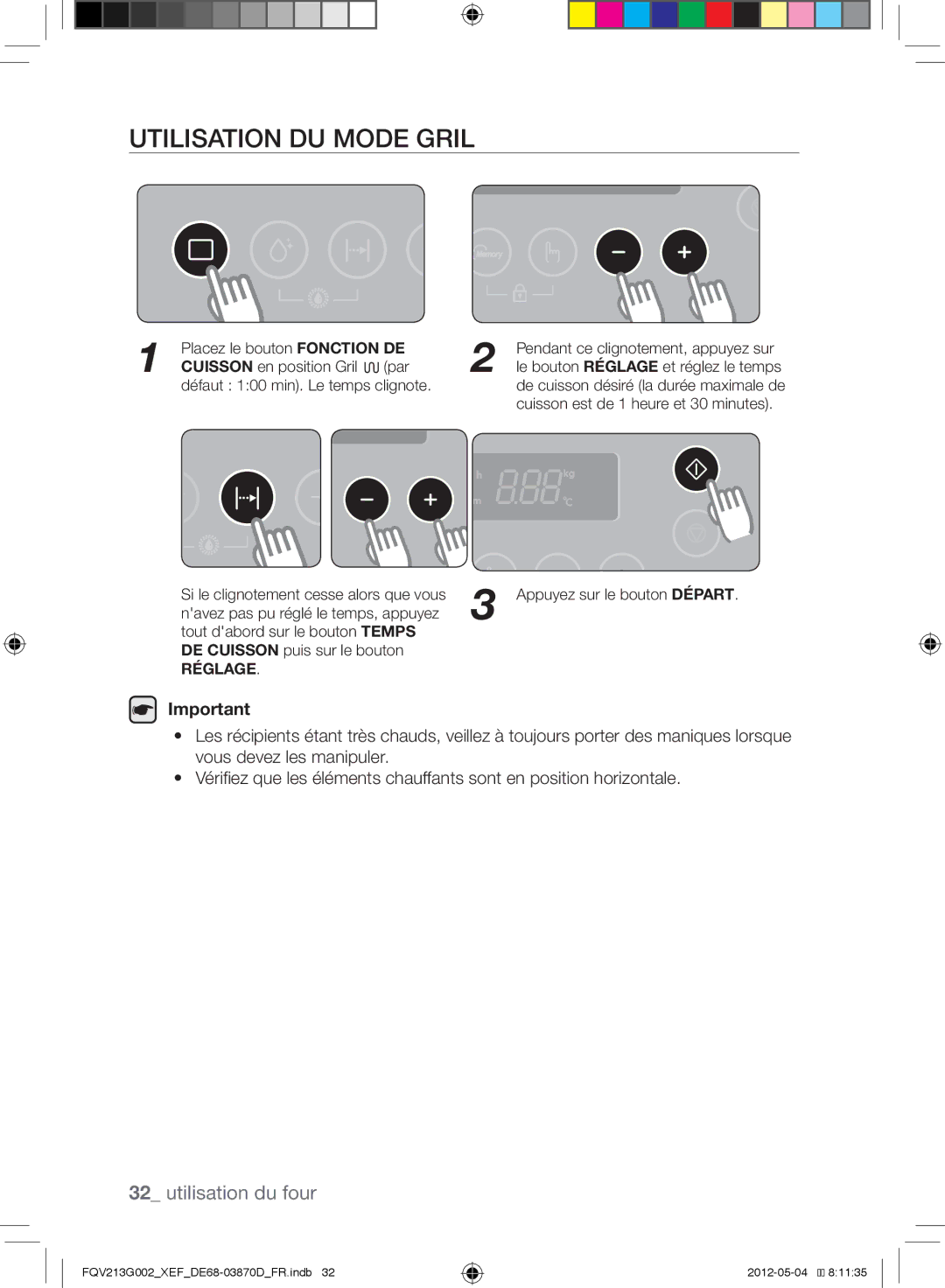 Samsung FQV213G002/XEF manual Utilisation du mode Gril, Défaut 100 min. Le temps clignote 