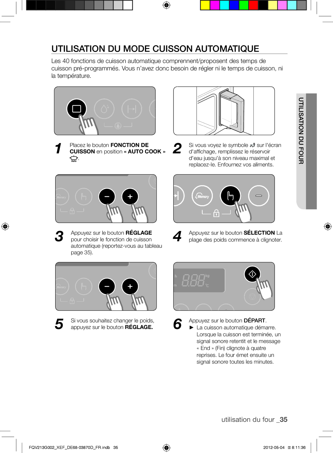 Samsung FQV213G002/XEF manual Utilisation du mode Cuisson automatique, Appuyez sur le bouton Départ 