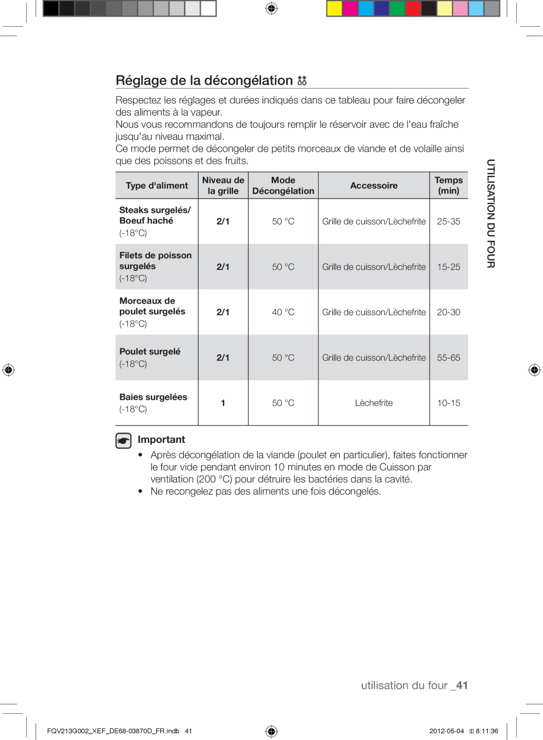 Samsung FQV213G002/XEF manual Réglage de la décongélation 