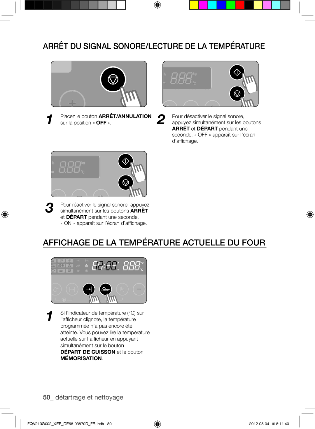 Samsung FQV213G002/XEF Arrêt du signal sonore/Lecture de la température, Affichage de la température actuelle du four 