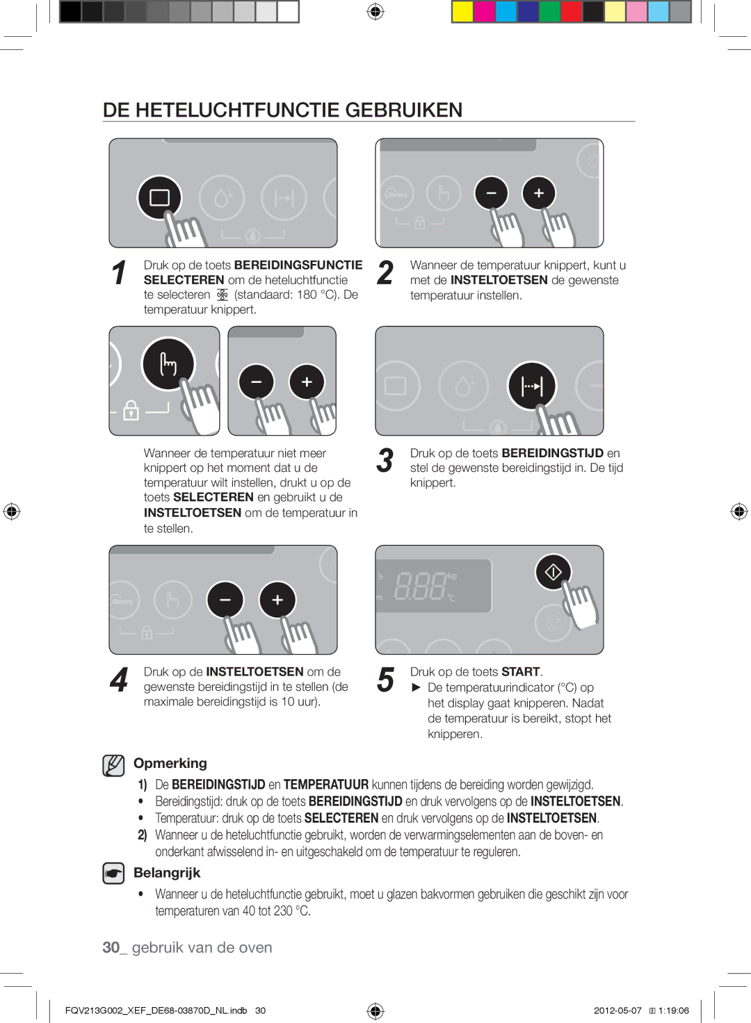 Samsung FQV213G002/XEF manual De heteluchtfunctie gebruiken, Opmerking 