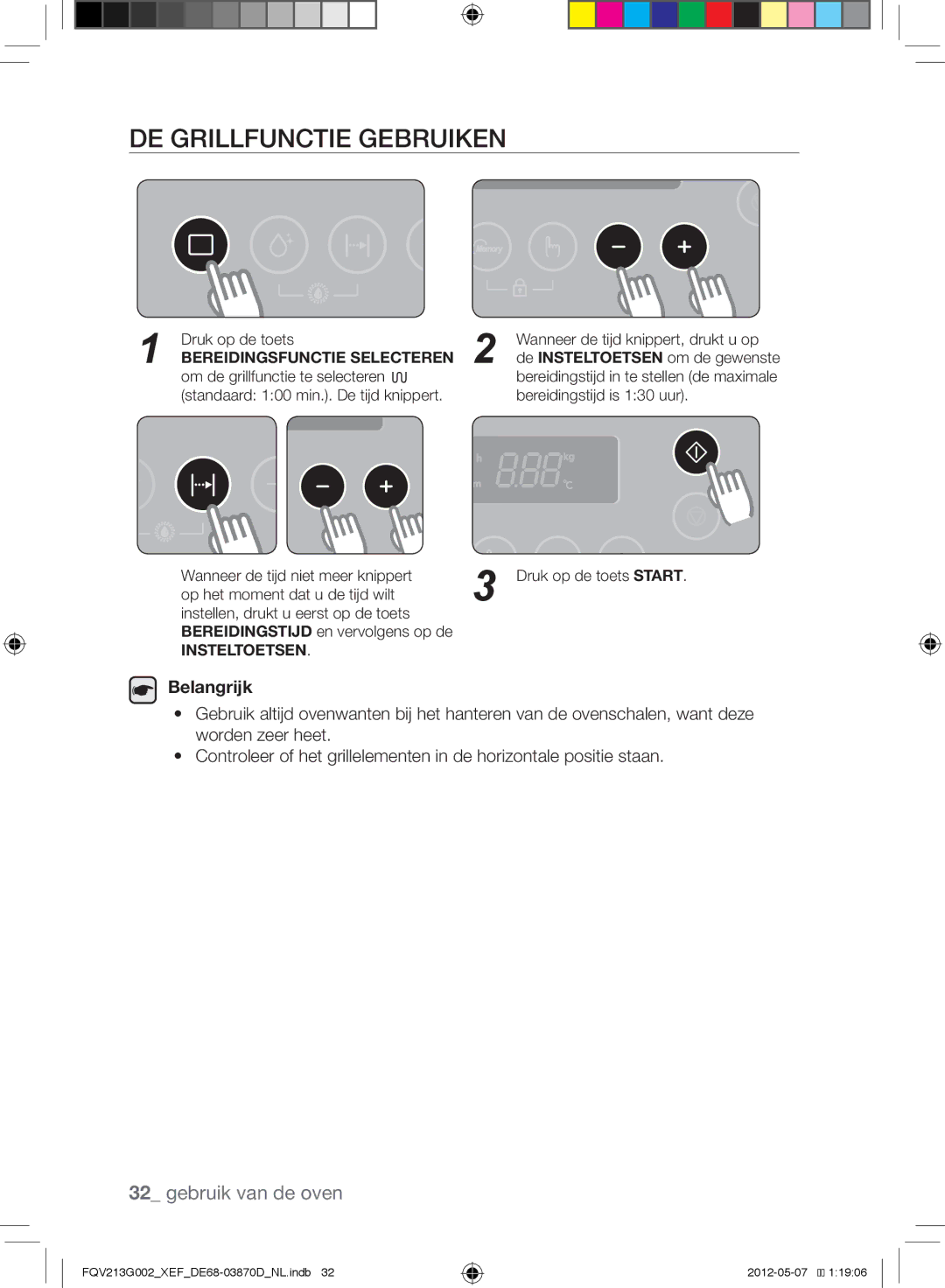 Samsung FQV213G002/XEF manual De grillfunctie gebruiken, Druk op de toets 