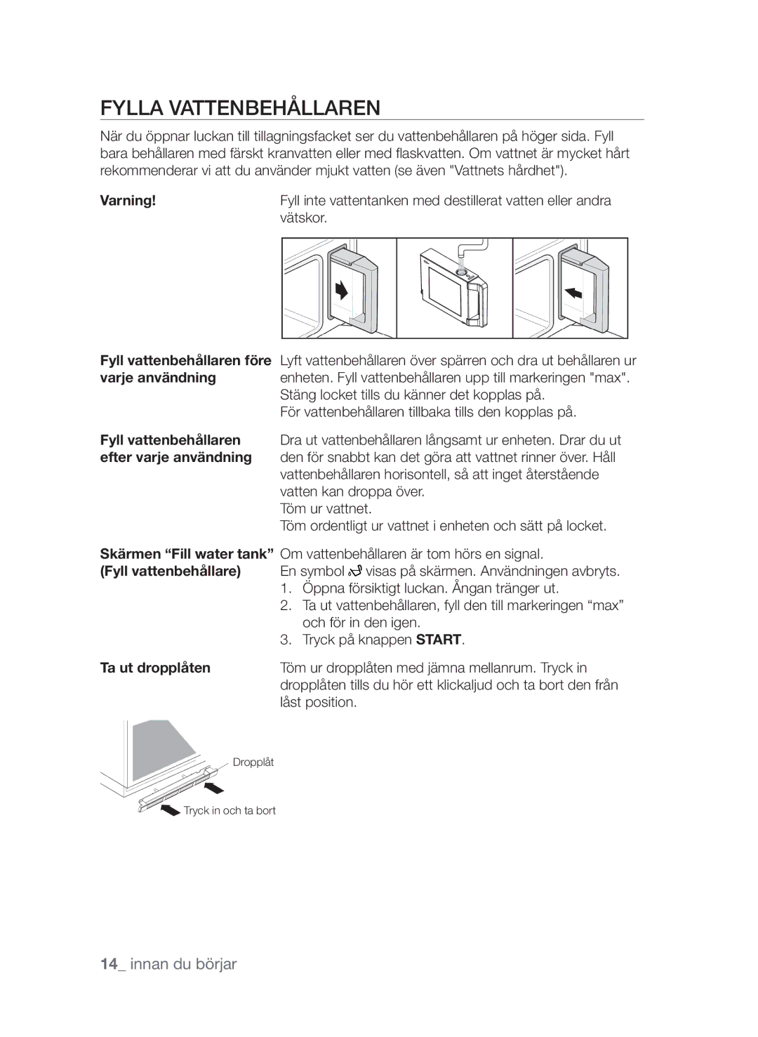 Samsung FQV313T003/XEE manual Fylla vattenbehållaren, Varning, Ta ut dropplåten 