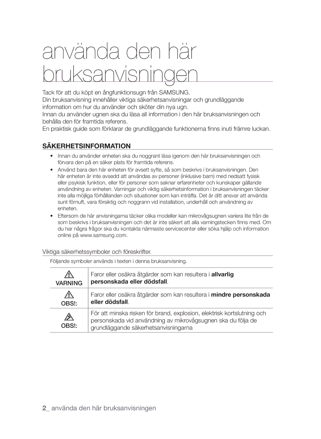 Samsung FQV313T003/XEE manual Använda den här bruksanvisningen, Personskada eller dödsfall, Eller dödsfall 