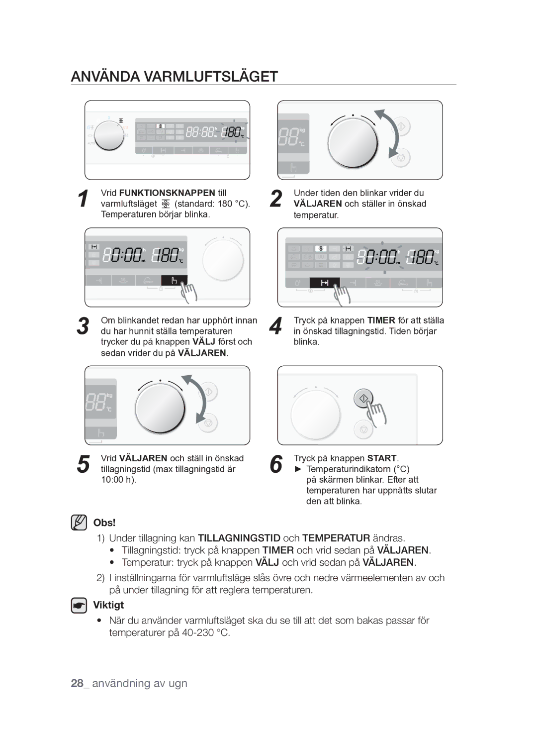 Samsung FQV313T003/XEE manual Använda varmluftsläget, 28 användning av ugn 