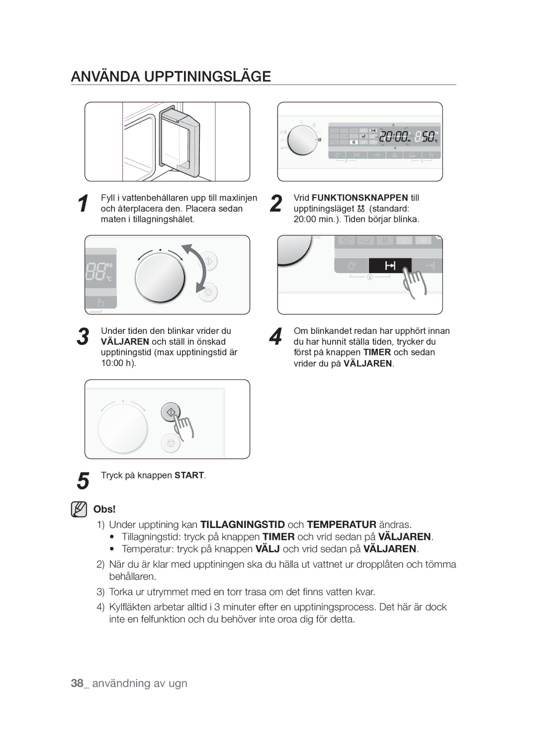 Samsung FQV313T003/XEE manual Använda upptiningsläge, 38 användning av ugn 