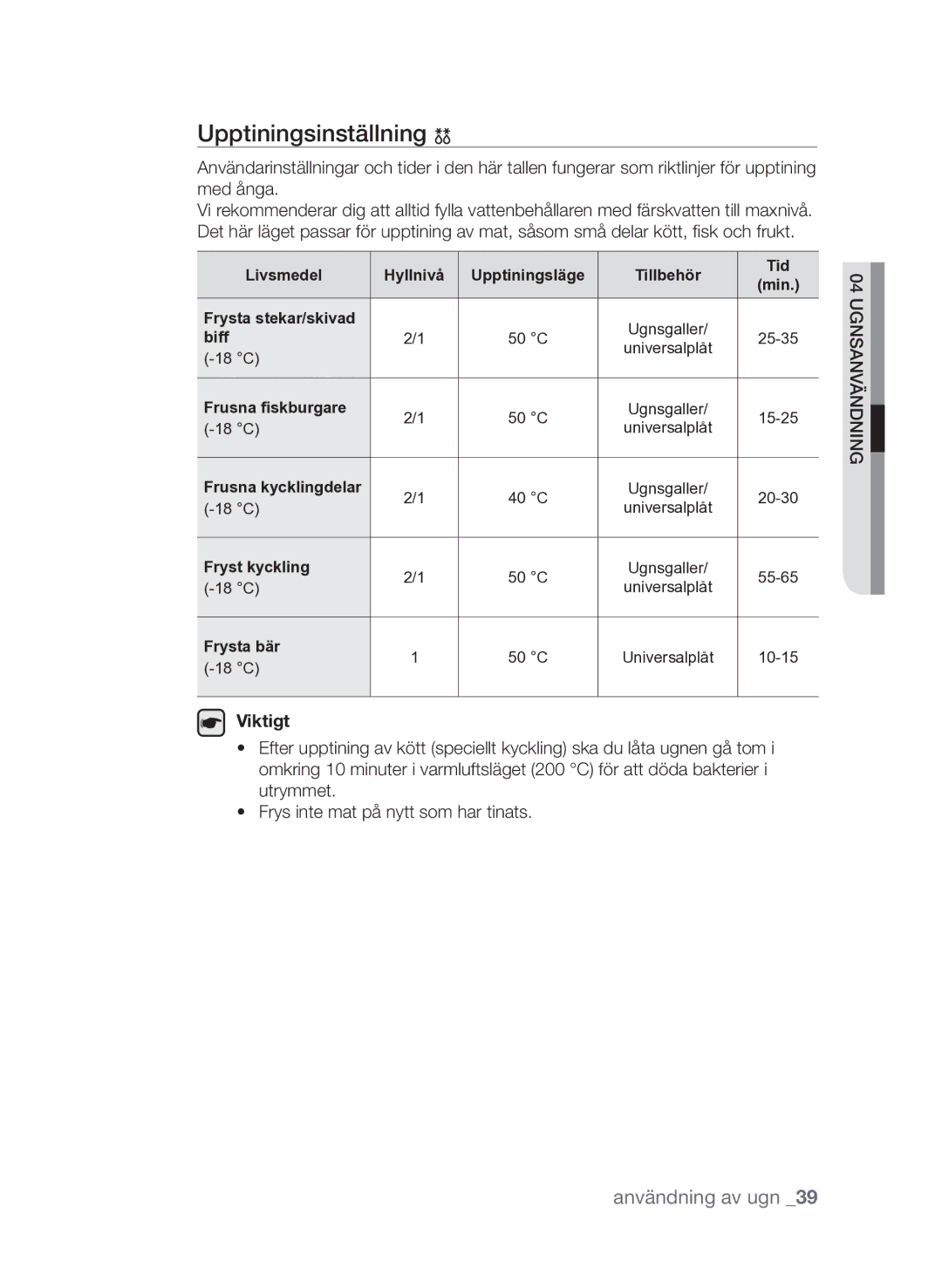 Samsung FQV313T003/XEE manual Upptiningsinställning 