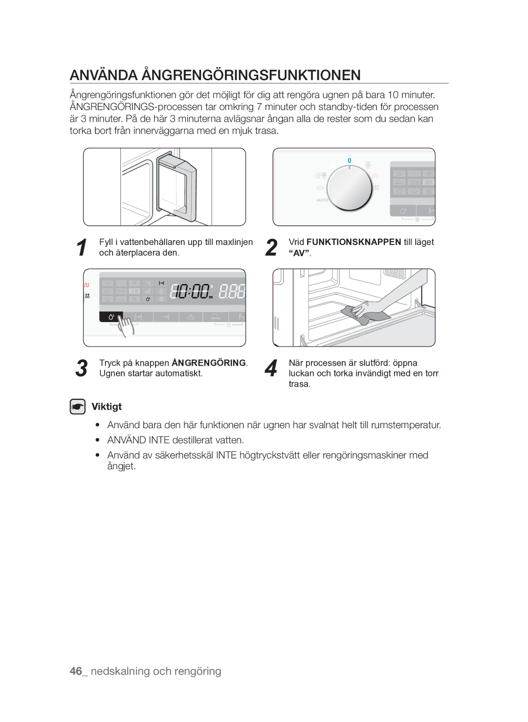 Samsung FQV313T003/XEE manual Använda ångrengöringsfunktionen, Viktigt 