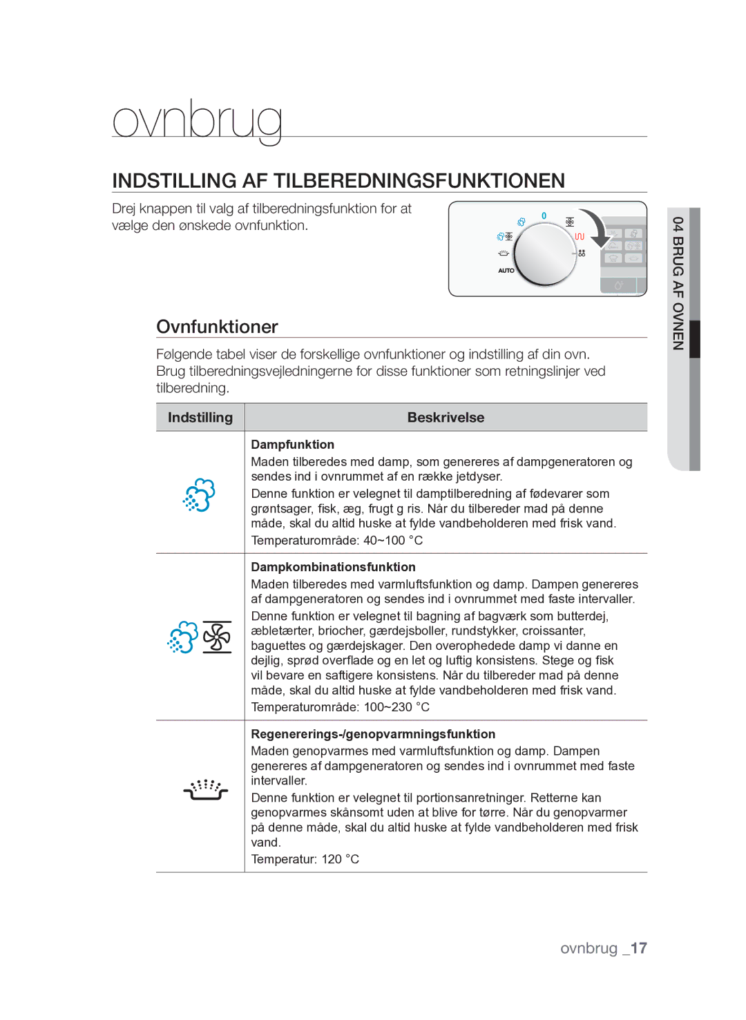 Samsung FQV313T003/XEE manual Ovnbrug, Indstilling af tilberedningsfunktionen, Ovnfunktioner 