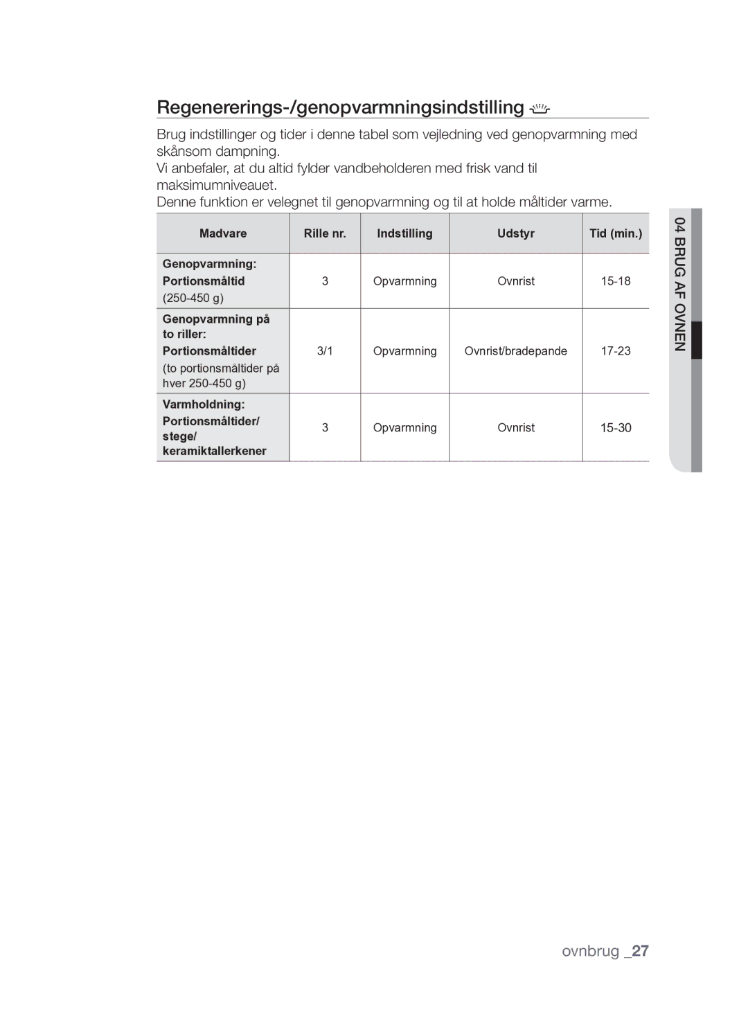 Samsung FQV313T003/XEE manual Regenererings-/genopvarmningsindstilling 