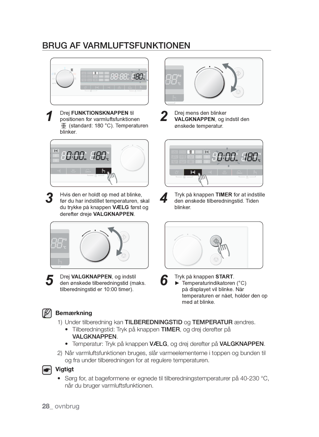 Samsung FQV313T003/XEE manual Brug af varmluftsfunktionen, Drej Funktionsknappen til 