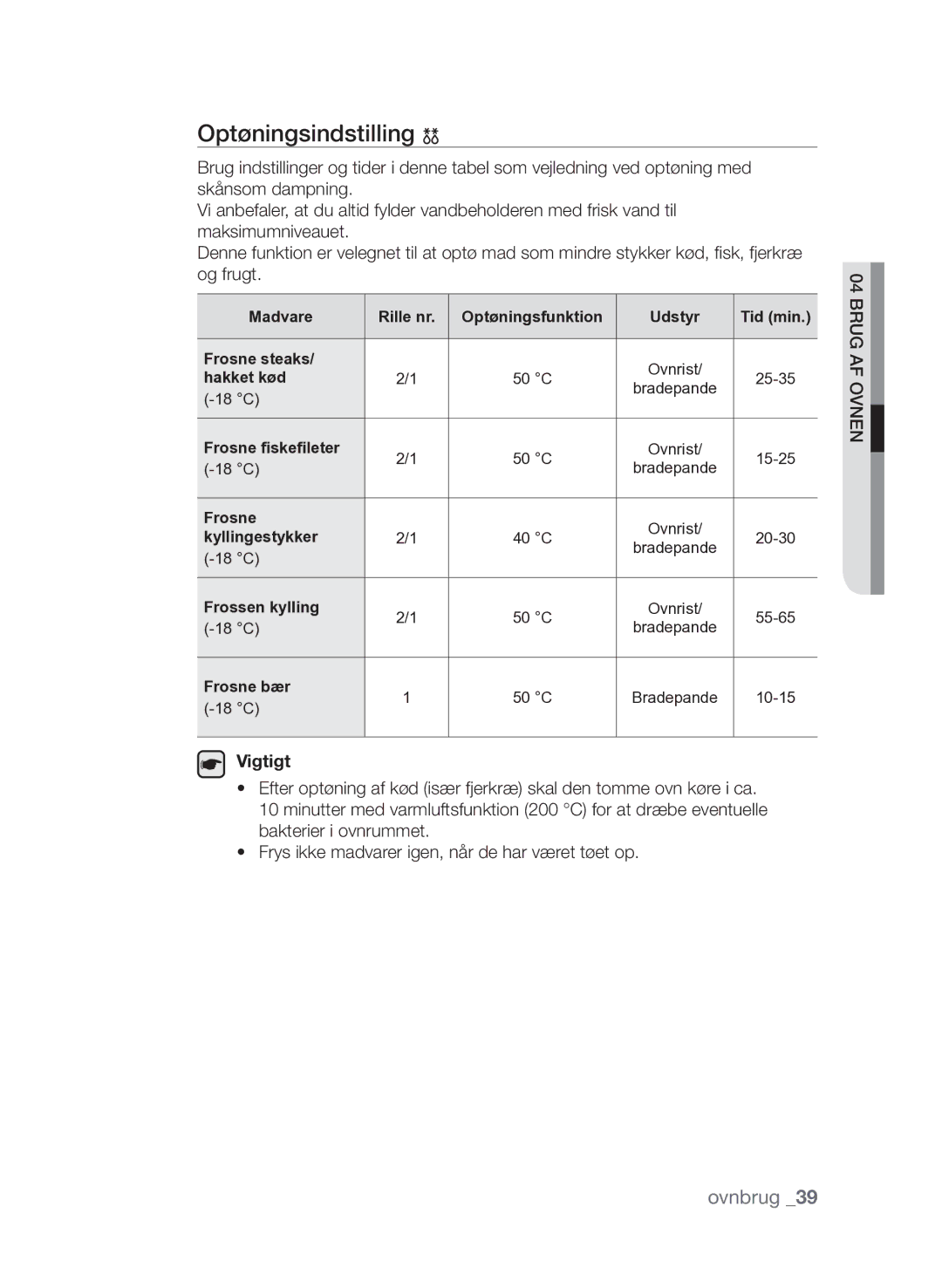 Samsung FQV313T003/XEE manual Optøningsindstilling 