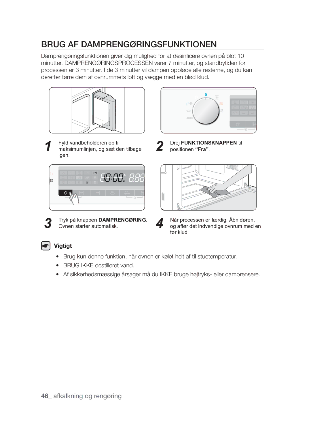 Samsung FQV313T003/XEE manual Brug af damprengøringsfunktionen, Vigtigt 