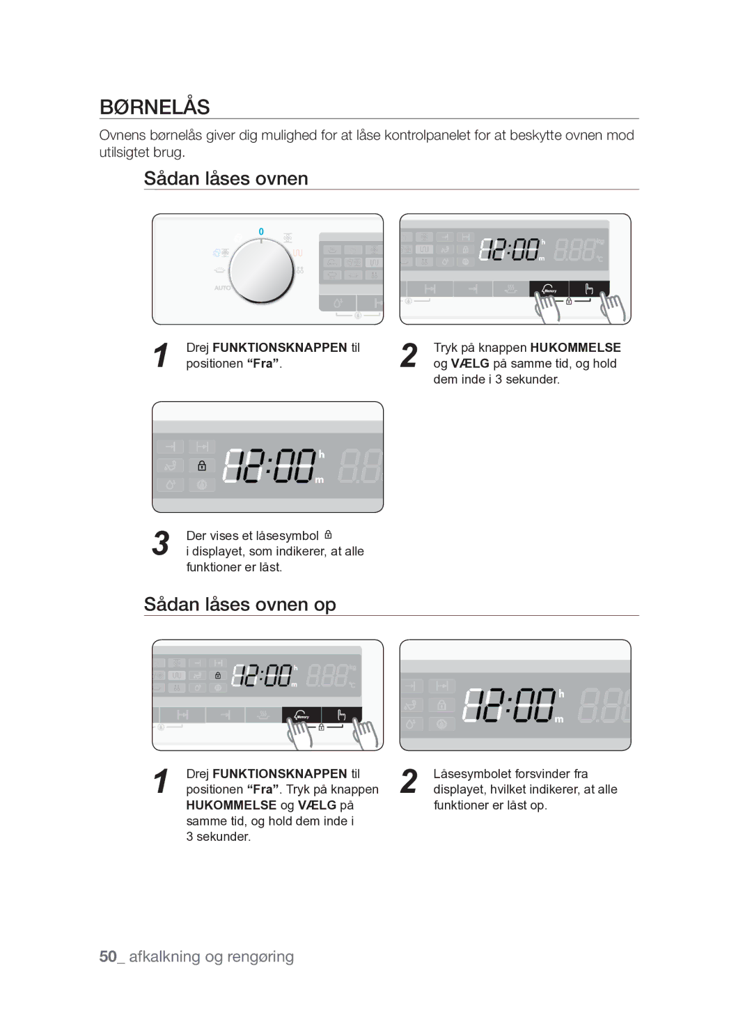 Samsung FQV313T003/XEE manual Børnelås, Sådan låses ovnen op 