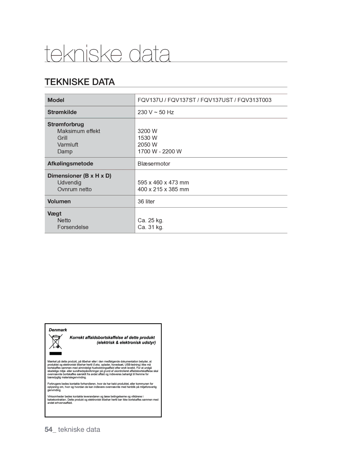 Samsung FQV313T003/XEE manual Tekniske data 